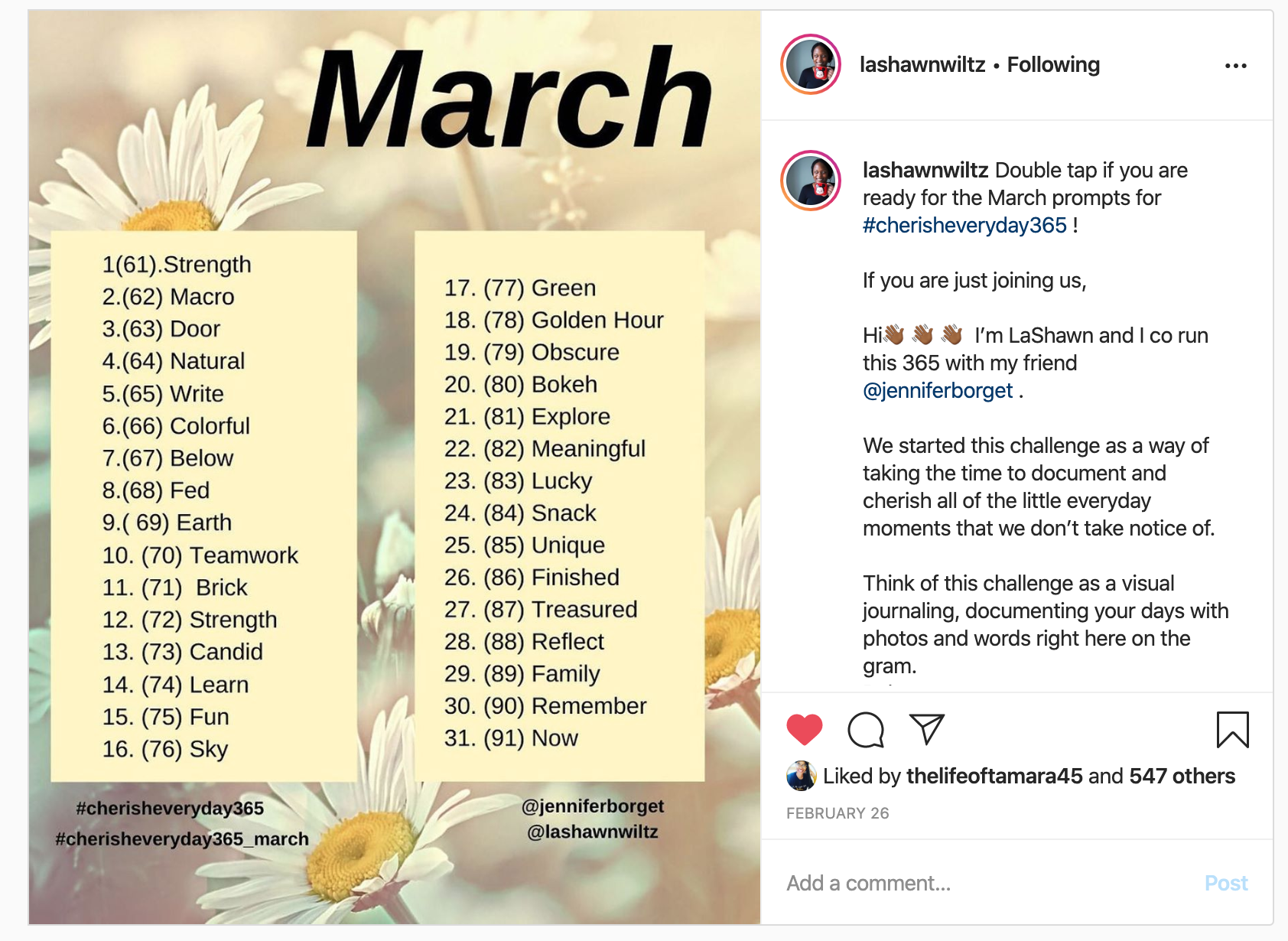 March prompts for #cherisheveryday365
